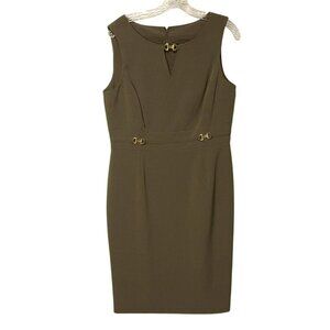 Tahari Sheath Dress Gold Buckle Accent Sz 12P Avocado Green Worn Once Petite